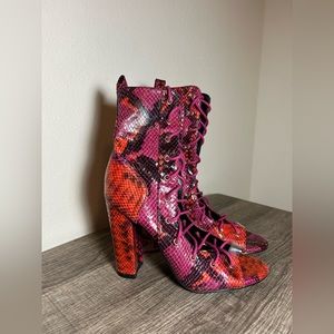 Snake Print Lace Up Bootie Heels - Pink, Orange & Black